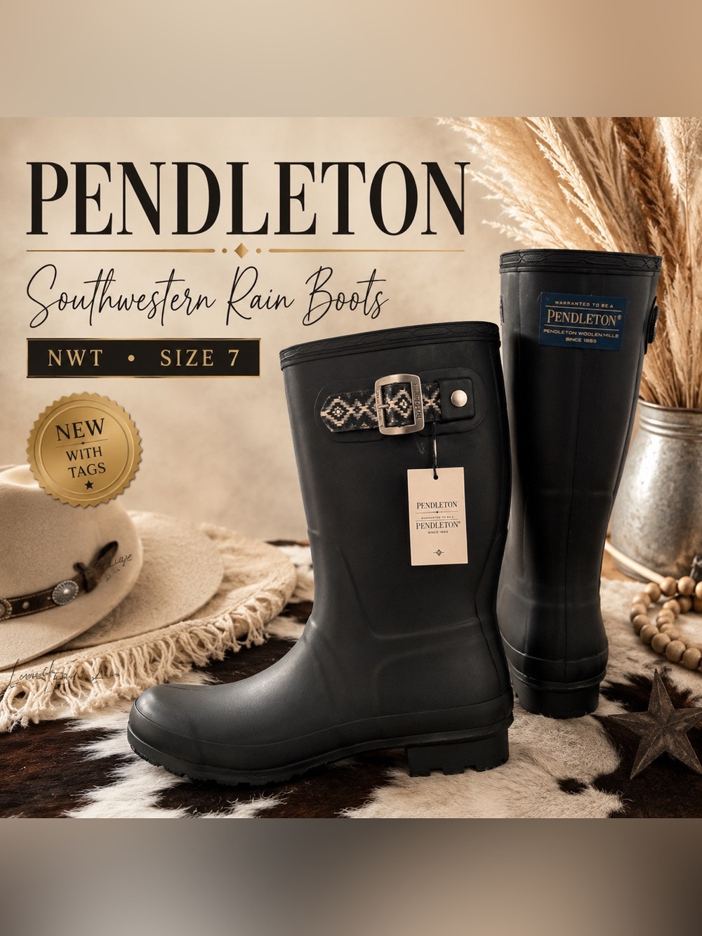 Pendleton Southwestern Rain Boots | Black Ivory Aztec Print | Women’s Size 7